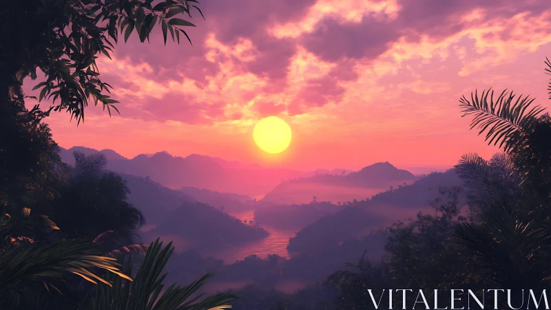 Sunset illuminates a tropical valley of misty rolling hills.