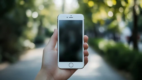 White iPhone held in hand with blurred natural background and shallow depth field