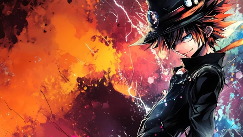 Flame-eyed trickster in ink-black coat guards the neon storm.