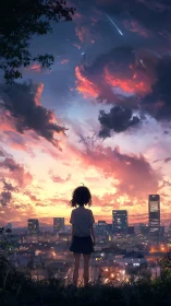 Girl watching glowing city at sunset under meteor sky.