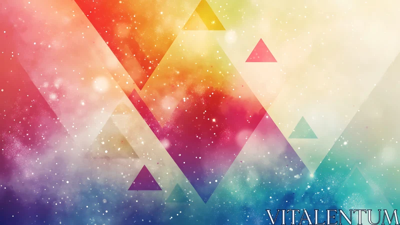 Colorful triangles drift gently through a dreamy galaxy glow