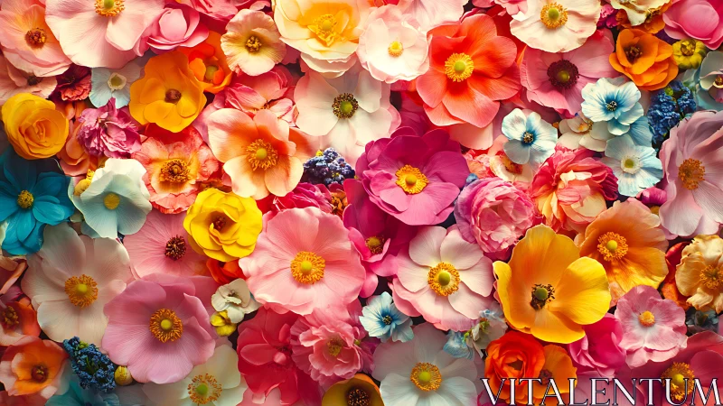 Densely Layered Floral Arrangement Dominates Frame With Saturated Chromatic Spectrum