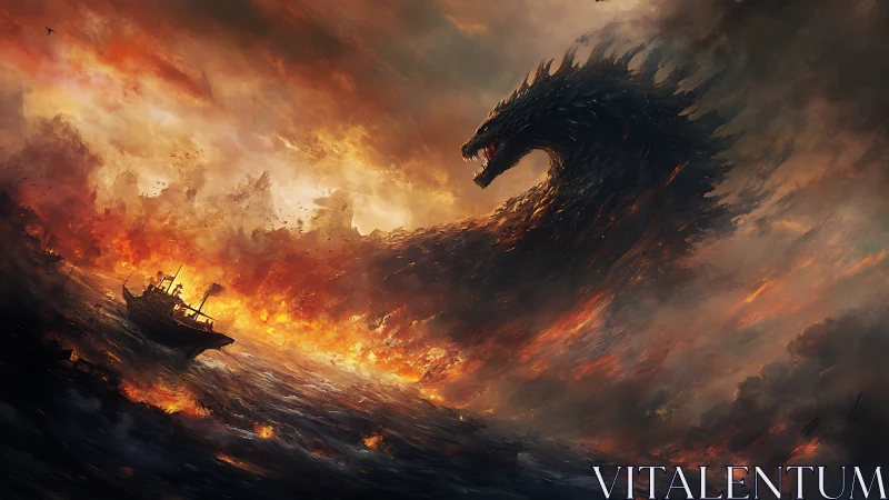 Giant sea creature beside burning ship in stormy seascape.