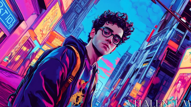 Neon city wanderer in electric dusk, framed by bold lights.