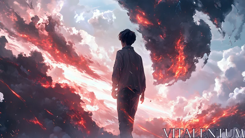 Backlit silhouette faces erupting storm clouds with molten fissures