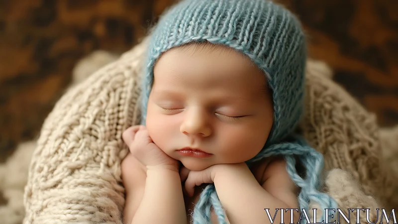 Infant Portrait with Knit Headwear and Neutral Textile Background.