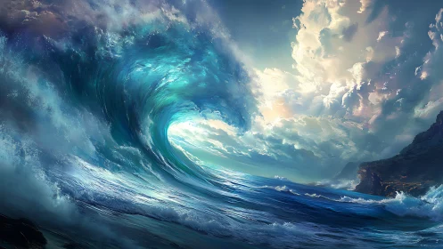 Massive crashing wave under dramatic glowing sky seascape.