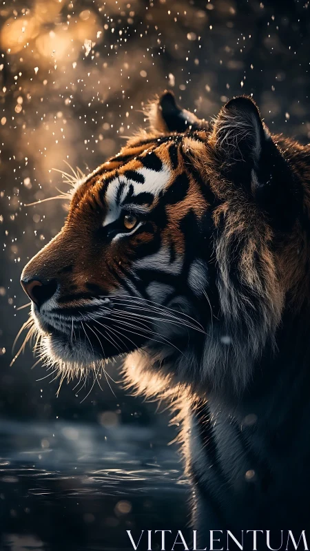 Tiger portrait under backlit rain with cinematic bokeh glow.