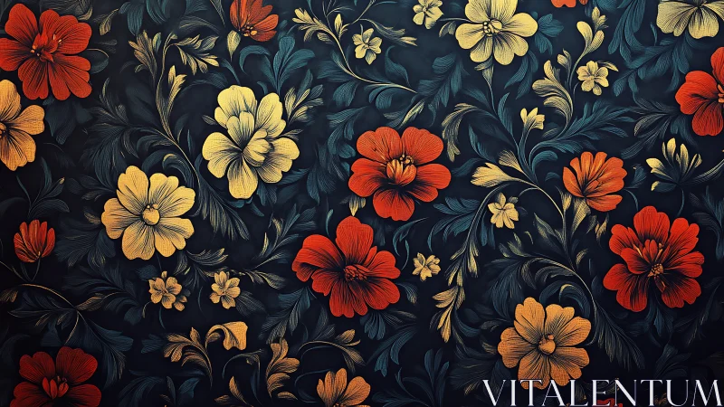 Floral pattern with red and gold blossoms on dark background.