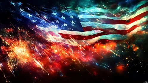 Dynamic American flag rendered in high-energy digital light trails