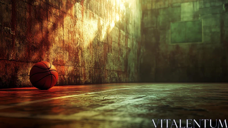 Cinematic low-angle view of lone basketball on worn court floor