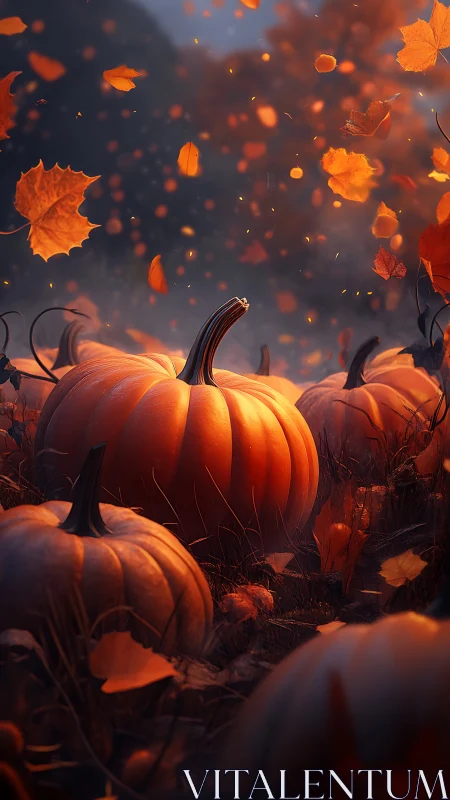 Autumn field pumpkins rendered with volumetric dusk backlighting