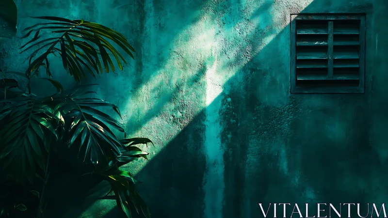Tropical leaves and teal wall under dramatic window light.