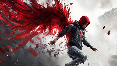 Hooded figure descends as fragmented crimson wings shatter space