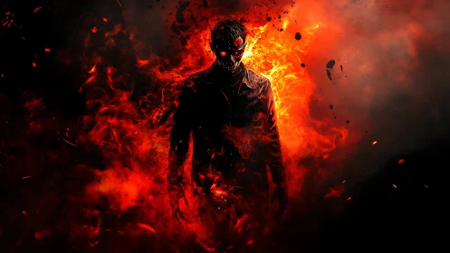 Fiery dark figure walks forward through swirling red flames