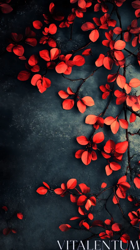 Red leaves on dark textured background, vertical layout.