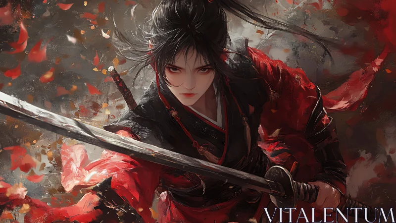 Samurai warrior in red robes with drawn katana sword.