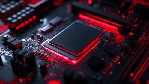 Glowing red circuit board with sleek central processor core.