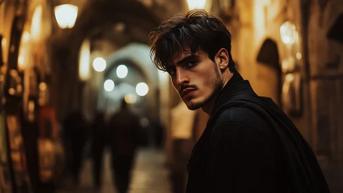 Moody portrait in warm-lit historic night alleyway.
