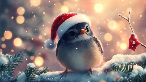 Festive fluffy bird in a Santa hat spreading cozy cheer.