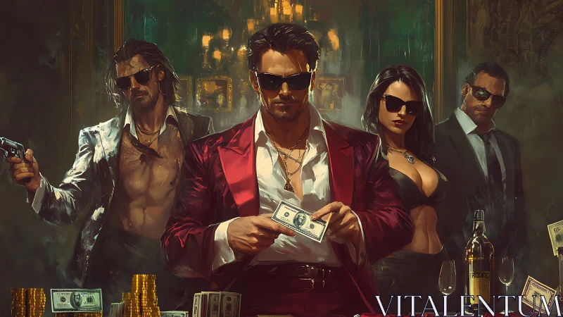 Crime boss counting cash at high-stakes casino table.