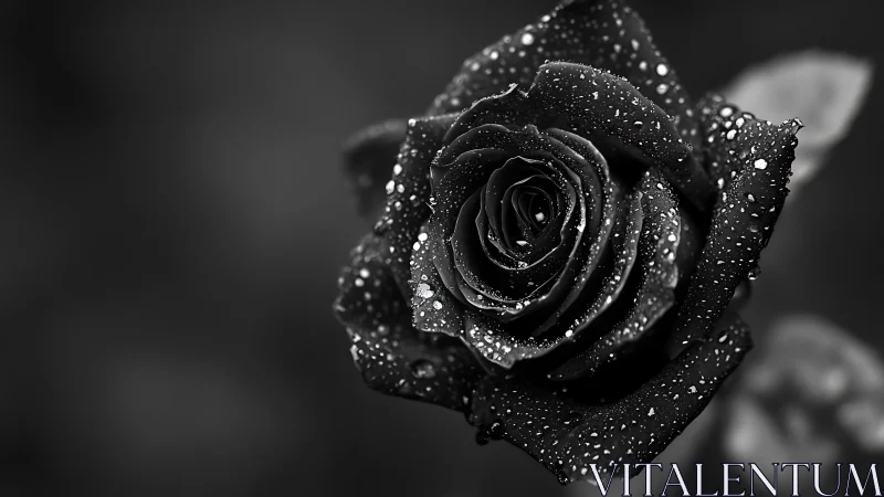 Close-up black rose covered in water droplets in grayscale.