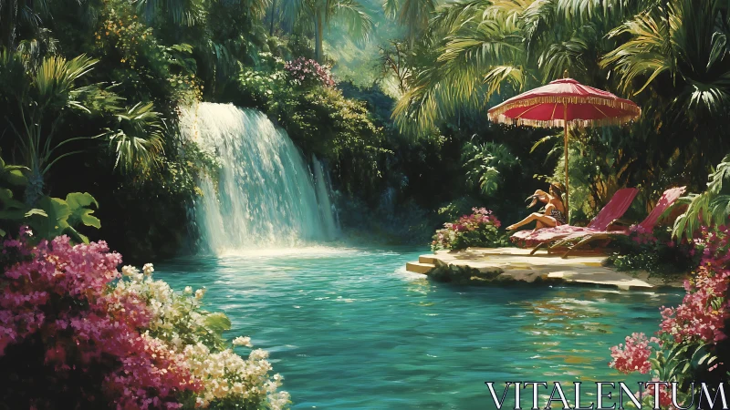 Sunlit jungle waterfall pool invites lazy tropical daydreams