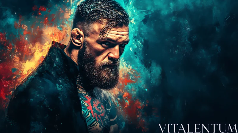 Tattooed fighter portrait in teal and orange digital painting