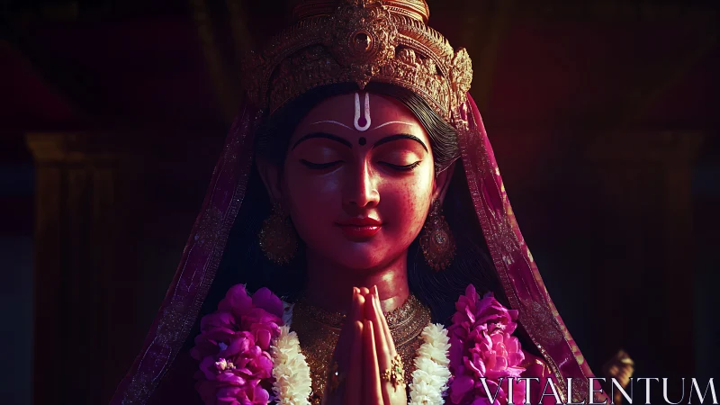 Sacred Hindu goddess idol in prayer with floral garlands.