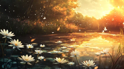 Luminous lily pond under volumetric sunset scattering field.