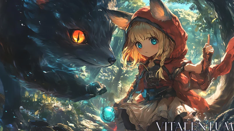 Fox girl in red hood with large spirit wolf companion.