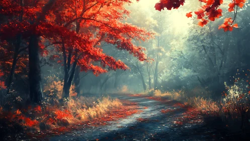 Autumn's Magical Forest Path Glows With Crimson Wonder.