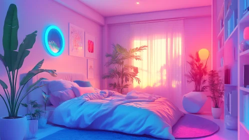 Neon-lit pastel bedroom interior renders atmospheric sunset glow