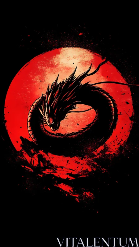 Blood-moon serpent dragon coiled in feral midnight hush.