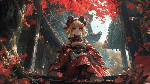 Autumn shrine maiden rests beneath blazing crimson maple canopy.