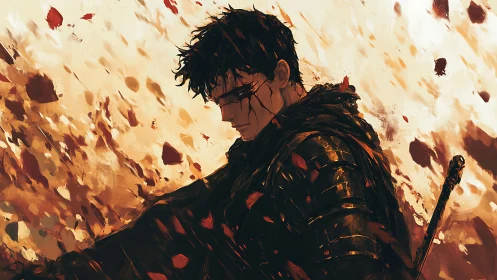 Wounded warrior pauses in a storm of falling embers and leaves.