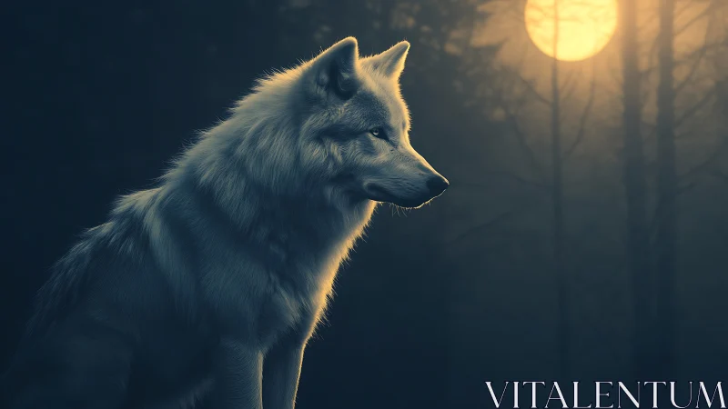 Moonlit silver wolf pausing in a hushed midnight forest veil.