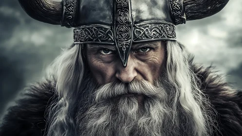 Horned-helmeted warrior portrait shows detailed metalwork