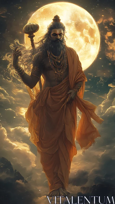Moonlit sage strides through clouds of molten amber calm.