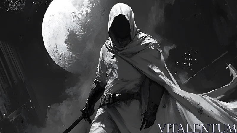 Hooded cloaked figure holding staff under full moonlight.