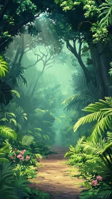 Jungle Pathway Through Dense Tropical Forest Canopy