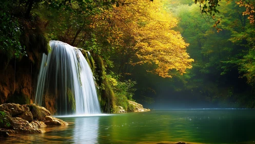 Sunlit forest waterfall cascades into a tranquil emerald pool.