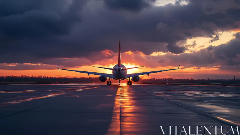 Passenger jet waits on wet runway under dramatic sunset sky