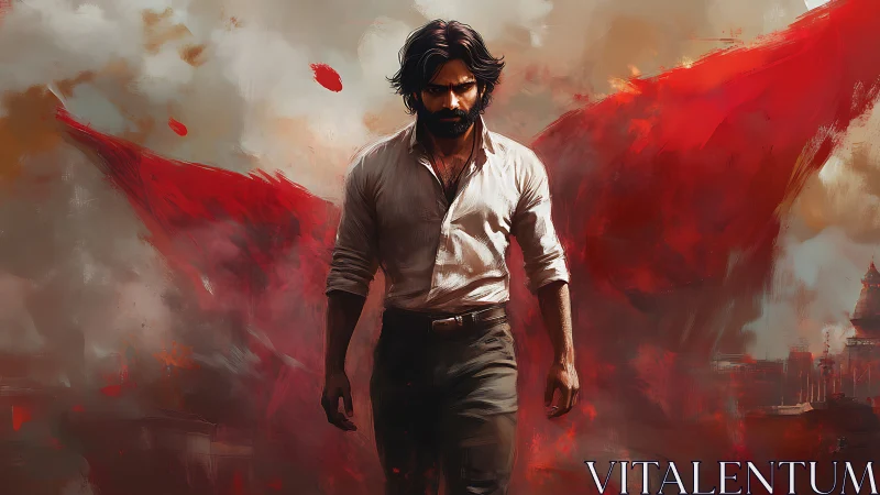 Defiant lone man strides through raging red storm backdrop