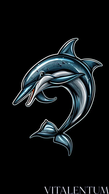 Stylized metallic dolphin illustration on black background.