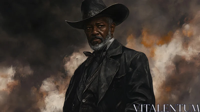 Stormlit cowboy stands strong in a windswept painted sky