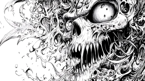 Ink-rendered skeletal horror with fluid organic distortion.