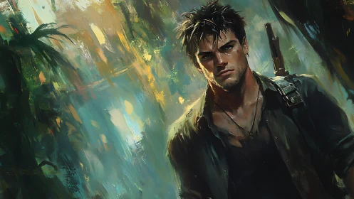 Male figure with rifle in dense abstract jungle setting.