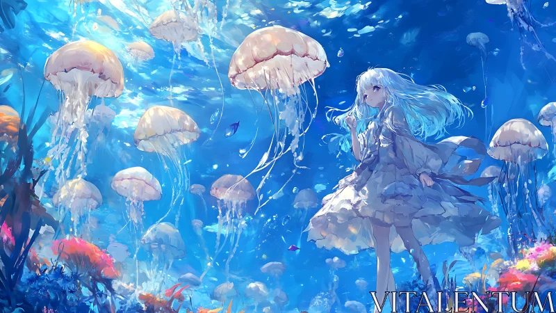 Translucent jellyfish swarm around luminous girl in painterly seascape