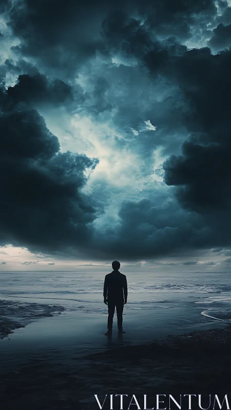 Solitary figure under storm-laden ocean sky rendered cinematically